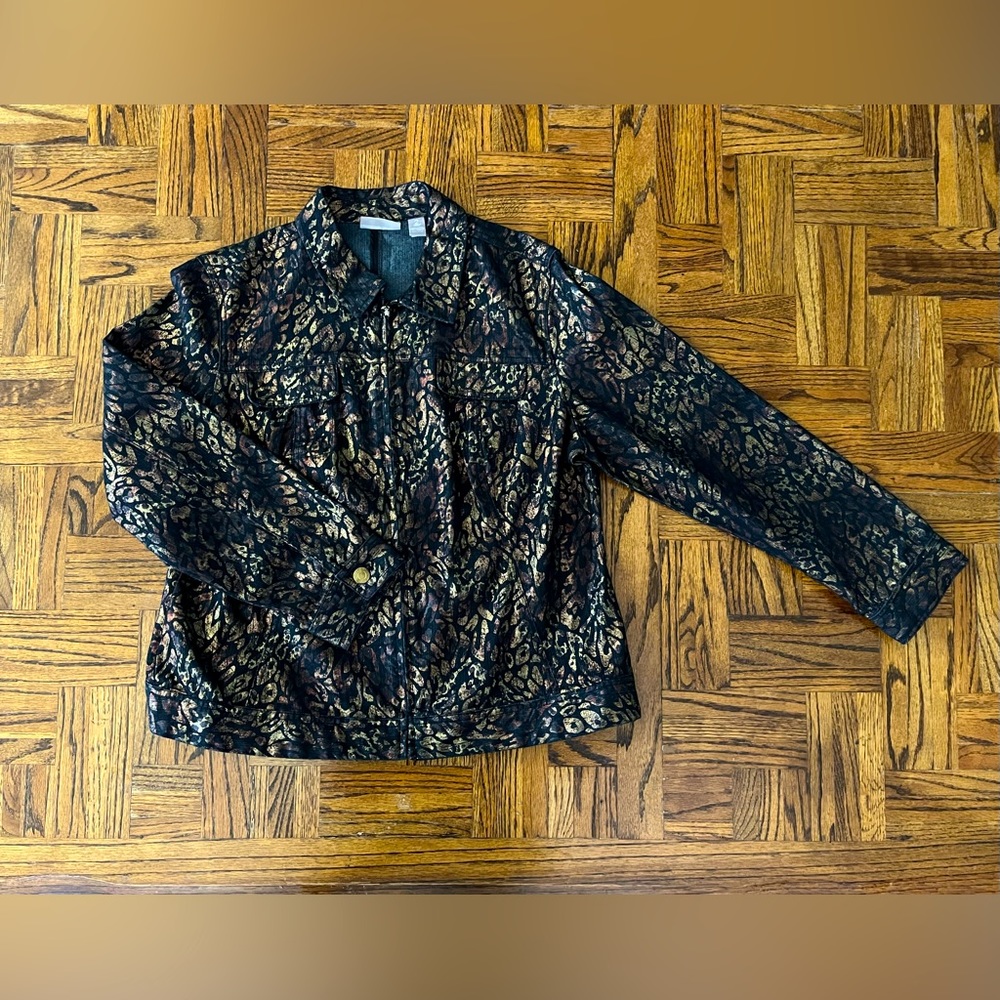 Chico’s Denim Jacket Metallic Black Brown 2 12